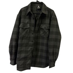 Yago Quilted Button Up Plaid Flannel Pocket Shirt Jacket Black Gray Mens Large